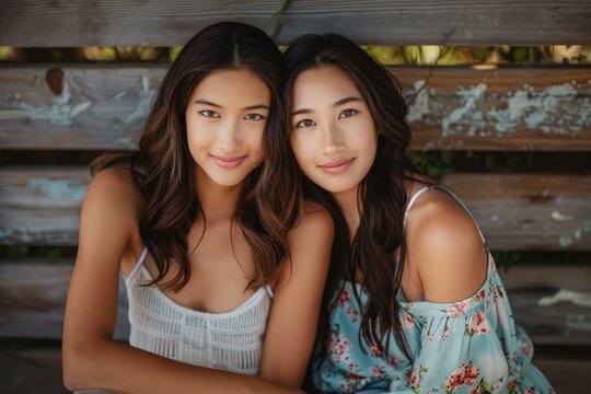 Two teenage asian girls with long brown hair smiling and leaning together against a rustic wooden wall