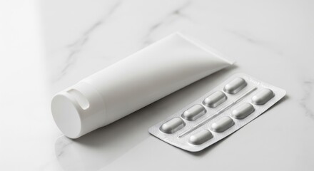 White cosmetic tube and blister pack of capsules on marble surface