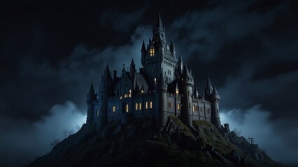Mysterious Gothic Castle on Rocky Hilltop Illuminated at Night with Dramatic Clouds and Spooky Ambience