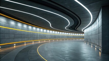 A futuristic curved corridor with sleek concrete walls illuminated by glowing white and yellow led lights creating a modern and sophisticated ambiance