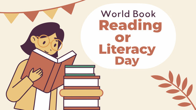 A young woman engrossed in reading a book, celebrating World Book Day with colorful stacks of books around her.