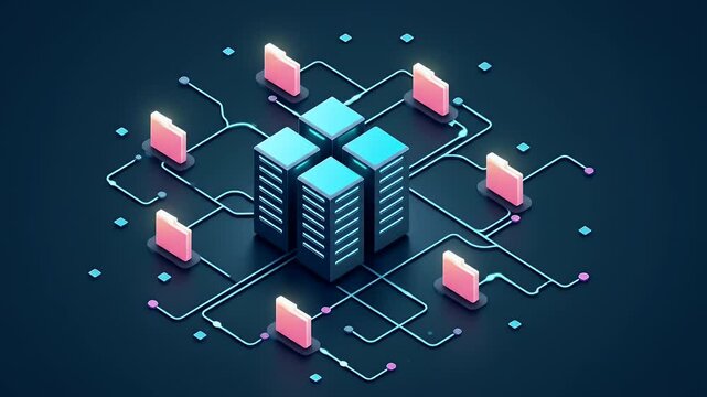 3D isometric illustration of data servers connected by lines to multiple file folder icons, representing secure file sharing and enterprise network.
