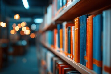 Books lining shelves in a library, blurred background