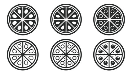 Set of six stylized black and white citrus fruit slices and pizza slices