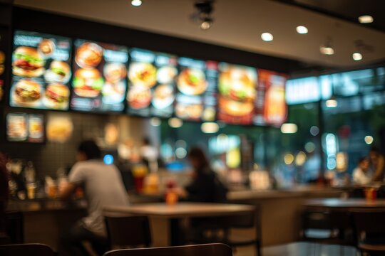 Blurred fast food restaurant interior at night