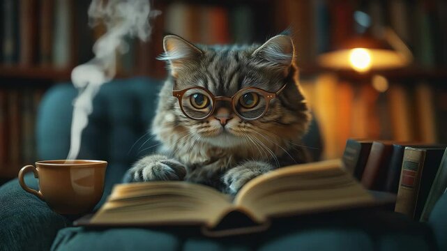 Fluffy cat wearing glasses reading book with steaming tea cup &mdash; video with copy space on the left for cozy content, book club promos, or creative lifestyle visuals in warm amber and brown tones