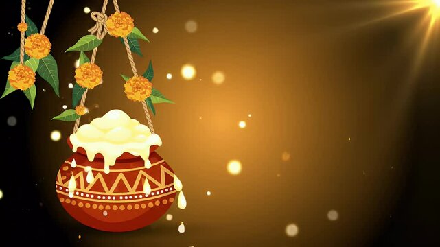 Vector animation of colorful clay butter pots (Dahi Handi) hanging with decorative string decorated with marigold flowers and mango leaves.