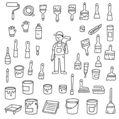 Painter tools icon set, home renovation equipment, rollers, brushes, masking tape. Finishing works, painter tools in doodle style. Vector illustration
