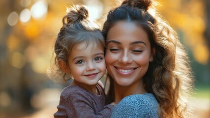 Smiling young mother holding daughter in autumn park — video background with copy space on the right for family lifestyle content, parenting ads, or emotional storytelling in soft golden tones