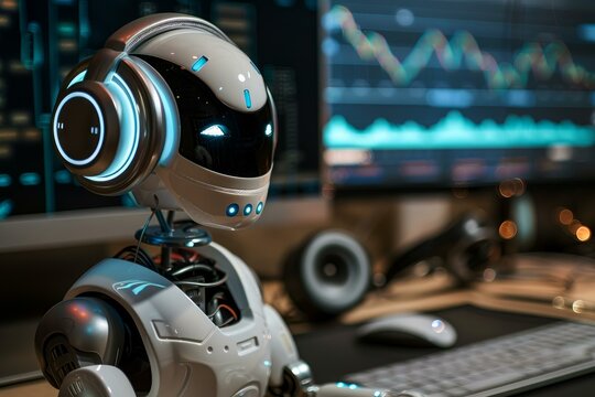 White robot wearing headphones working on computer with stock market charts displayed on screens in background - Powered by Adobe