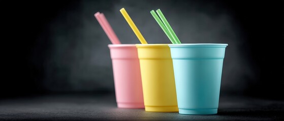 Colorful plastic cups filled with straws on a dark background beverage presentation studio photography creative concept
