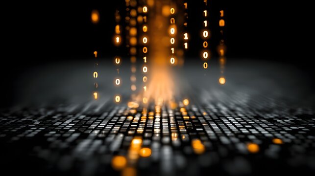 Digitaler Bin&auml;rcode str&ouml;mt als leuchtender Datenfluss in abstrakter Darstellung
