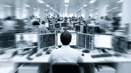 Börsenhändler vor vielen Monitoren in hektischem Finanzumfeld
