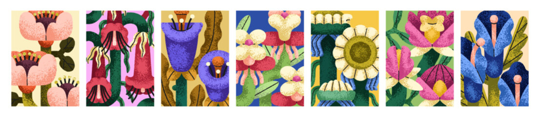 Floral poster designs set. Spring and summer flowers, whimsical nature cards. Garden blooms, abstract blossoms, interior wall art in modern style. Colored botanical flat vector illustrations © Good Studio