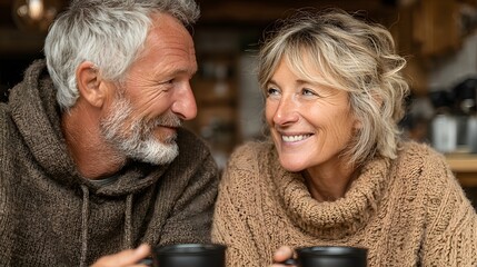 Älteres Paar beim Kaffee in liebevollem Blickkontakt in rustikalem Ambiente
