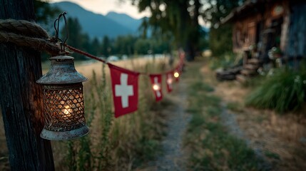 Stimmungsvolle Schweizer Deko mit Laterne und Flaggen entlang eines Naturwegs
