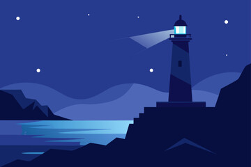 night sky over a lighthouse on rocky shore