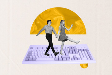 Exclusive pop creative collage of happy business partners girl guy step wireless qwerty keypad...