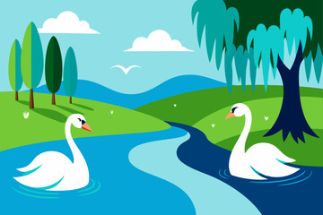 Obraz premium peaceful riverbank with swans and willows