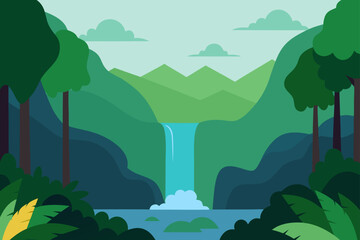 rainforest scene with mist and waterfall