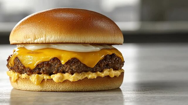 Delicious and Mouthwatering Cheeseburger with Melted Cheese and Creamy Sauce Close Up