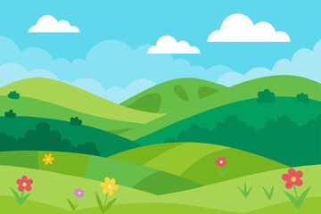 rolling green hills with wildflowers in bloom