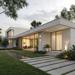 Modern Minimalist House Exterior With Large Windows During Evening