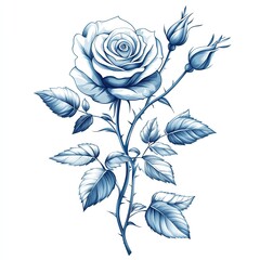 Elegant Blue Rose with Buds and Leaves Isolated on White Background; Floral Design