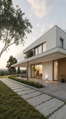 Modern Minimalist House Exterior With Large Windows During Evening