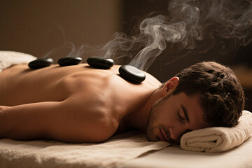 Warm low light spa scene with man lying face down, smooth black hot stones aligned on spine, steam rising, soft towel under head, photorealistic hormone therapy and muscle recovery