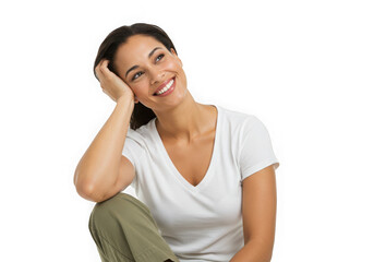 Fototapeta premium Smiling woman in white shirt looking up with hand on her head on transparent background