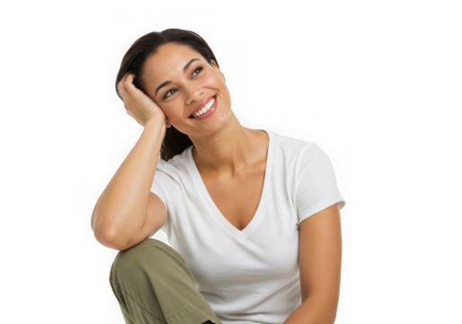 Smiling woman in white shirt looking up with hand on her head on transparent background