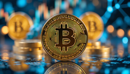 “Golden Bitcoin Coin with Financial Chart Background Representing Cryptocurrency and Market Trends”