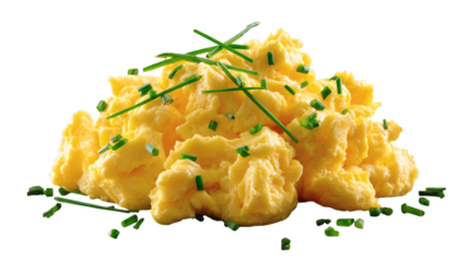 Fluffy scrambled eggs garnished with chives isolated on transparent background 