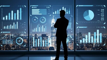 A silhouette of a business person stands before screens displaying financial graphs with a city skyline visible outside - Powered by Adobe