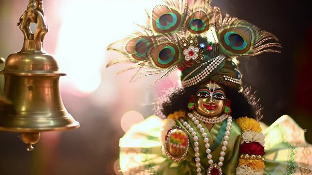 Close-up of brass temple bells swinging in slow motion, blurred Krishna idol decorated with peacock feathers and garlands in the background