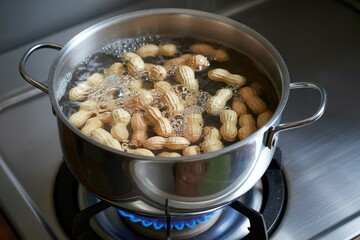 boiled peanut pod in hot water steel pot on stove