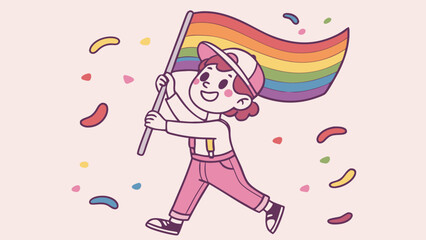 A joyful child of diverse descent runs happily holding a rainbow flag, surrounded by colorful confetti.
