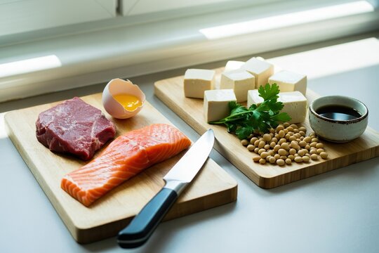 raw meat next to tofu and soybean in kitchen. Animal and plant based sources of protein
