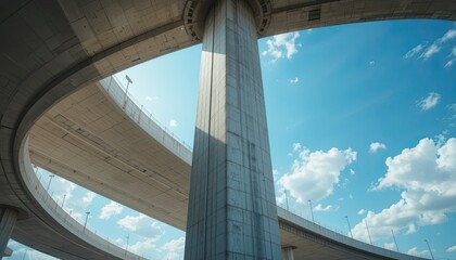 Massive concrete overpass structure against a bright blue sky with clouds