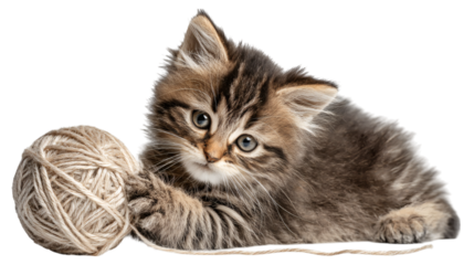 Fluffy tabby kitten playing with yarn ball isolated on transparent background 