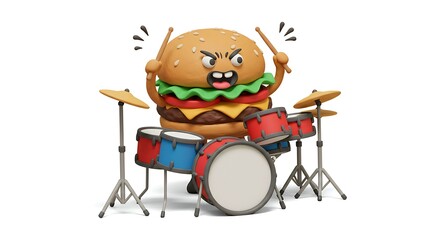 A claymation burger playing a drum set with drumsticks