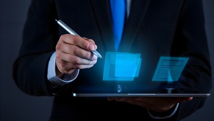 Businessman digitally signing documents on tablet; modern technology, corporate, serious mood.