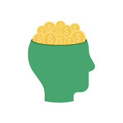 Head silhouette filled with gold dollar money coins. Financial thinking, invest mindset. Vector flat illustration