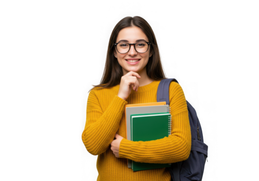 Portrait of a smiling student with books and a backpack posing on transparent background