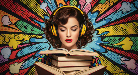 A centered illustration retro-style woman with headphones, reading books on a pile, pop-art inspired backdrop
