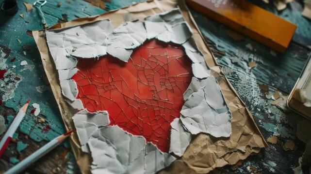 A torn piece of paper with a broken heart symbol, possibly from a lost love or unrequited feelings