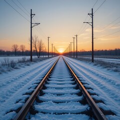 Fototapeta premium Snow Covered Railroad Tracks at Sunset 