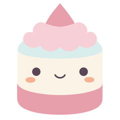 Adorable kawaii birthday cake illustration with a cheerful smiling face perfect for celebrations and party invitations