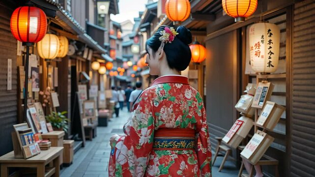 Japanese woman in traditional kimono walking on street with lanterns and wooden houses, back view, concept of cultural heritage
